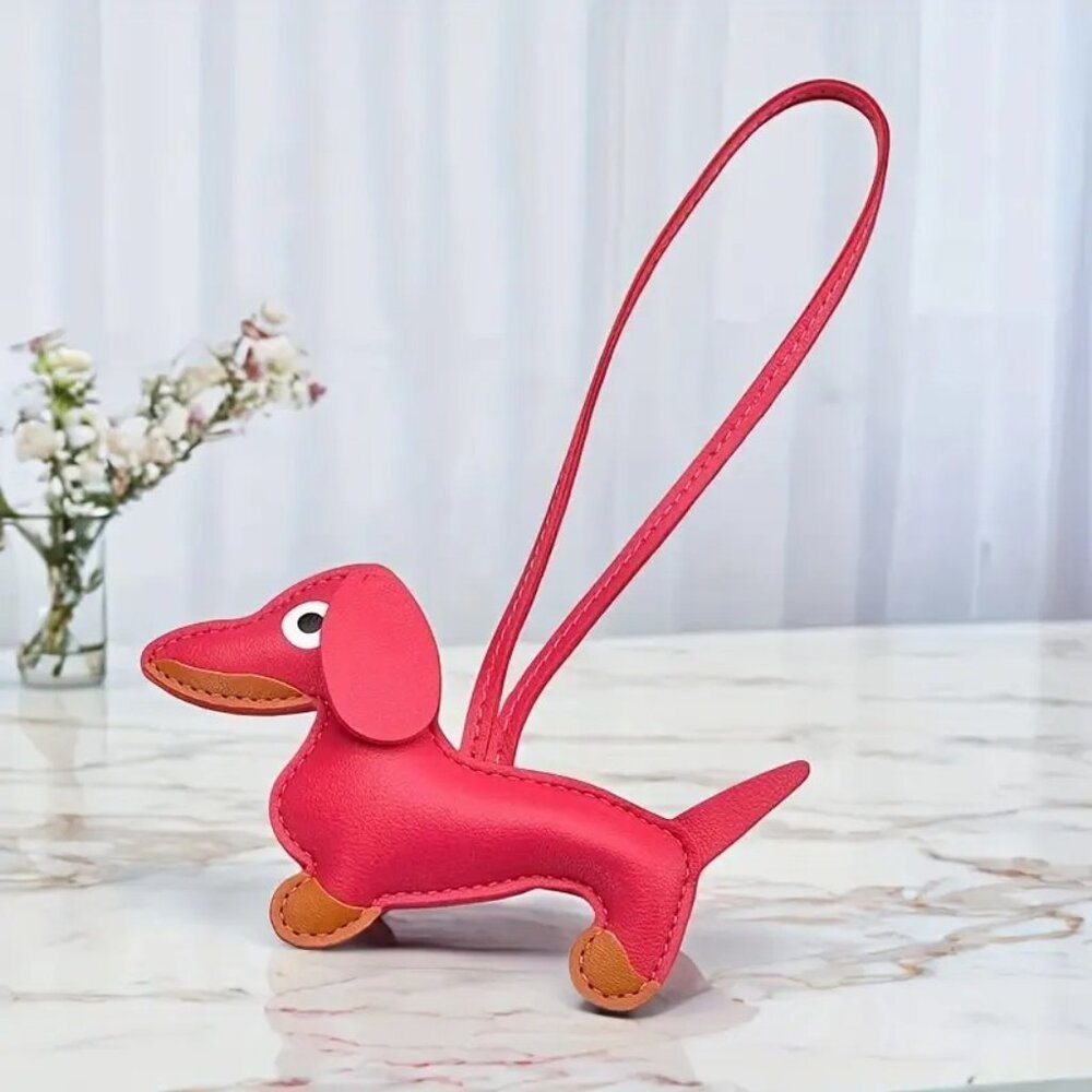 Pink Dachshund Leather Bag Charm Keychain Dog Purse Accessory - Picture 1 of 6